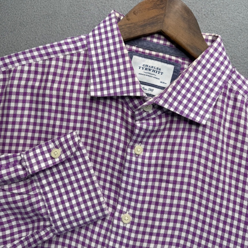 Charles Tyrwhitt Button Up Men 17.5 Purple Gingham Slim Fit Cotton Long Sleeve
